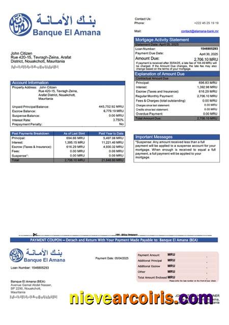 Mauritania Banque El Amana (BEA) mortgage statement Word and PDF template
